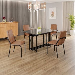 Conjunto Sala De Jantar Mesa 120x90cm Base Pérola Tampo Mdf Com Vidro Malibu Marrom - Preto