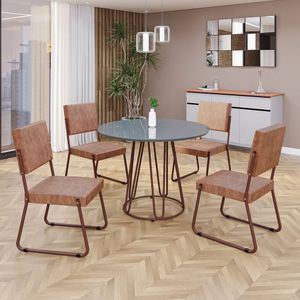 Conjunto Sala De Jantar Mesa Redonda 100cm Base Omega Tampo Mdf Laca Com Vidro Napoli Marrom