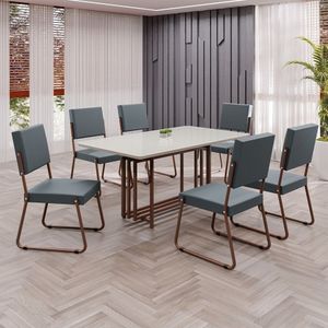 Conjunto Sala De Jantar Mesa 160x90cm Base Pérola Tampo Mdf Laca Com Vidro Napoli Grafite - Marrom