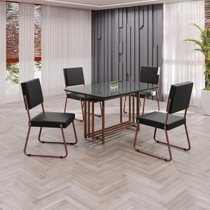 Conjunto Sala De Jantar Mesa 120x90cm Base Pérola Tampo Mdf Laca Com Vidro Napoli Preto Marrom