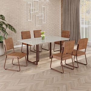 Conjunto Sala De Jantar Mesa 160x90cm Base Lunna Tampo Mdf Laca Com Vidro Napoli Marrom