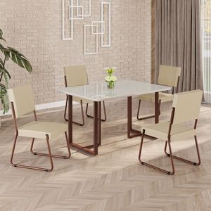 Conjunto Sala De Jantar Mesa 120x90cm Base Lunna Tampo Mdf Laca Com Vidro Napoli Creme - Marrom
