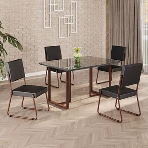 Conjunto Sala De Jantar Mesa 120x90cm Base Lunna Tampo Mdf Laca Com Vidro Napoli Preto - Marrom