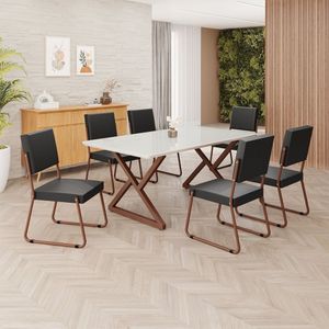 Conjunto Sala De Jantar Mesa 160x90cm Base Império Tampo Mdf Laca Com Vidro Napoli Preto- Marrom
