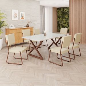 Conjunto Sala De Jantar Mesa 160x90cm Base Império Tampo Mdf Laca Com Vidro Napoli Creme - Marrom