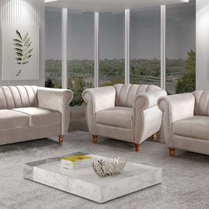 Conjunto Realeza Sofá Com Poltronas Chesterfield Decoração Bege Claro