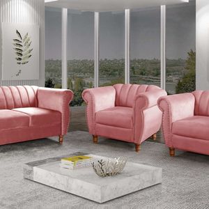 Conjunto Realeza Sofá Com Poltronas Chesterfield Decoração Rosa