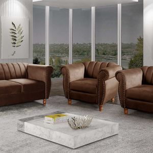 Conjunto Realeza Sofá Com Poltronas Chesterfield Decoração Marrom