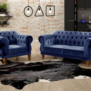 Sofá 2 E 1 Lugares Duquesa Decoração Sala Recepção Retrô Azul Marinho