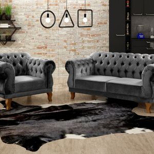 Sofá 2 E 1 Lugares Duquesa Decoração Sala Recepção Retrô Cinza Grafite