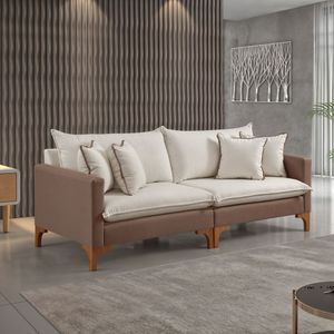 Sofá Living Bipartido Com 4 Almofadas Bouclé M195 220cm Bege Claro/ Marrom