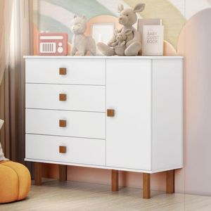 Cômoda Infantil 4 Gavetas Com Fraldário Laila Branco Fosco Com Bétula Carolina Baby