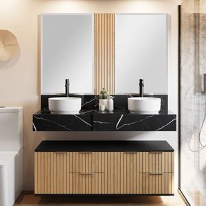 Conjunto Para Banheiro Bancada Em Porcelanato Com Cuba De Apoio, Armário E Espelho Ripy 120cm Preto Wood