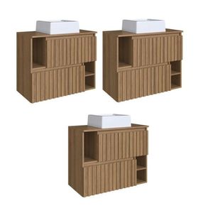 Kit Com 3 Gabinetes De Banheiro Suspenso 75cm Luiza Com 2 Portas Basculante Com Cuba Mel