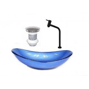 Cuba De Vidro Oval Chanfrada 46cm Com Válvula Clicke Torneira Metal Azul