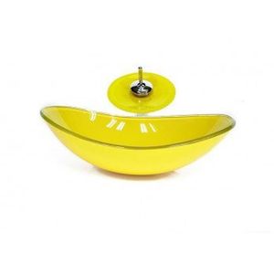 Cuba De Vidro Oval Chanfrada 46cm Com Válvula Clicke Torneira Metal Amarelo
