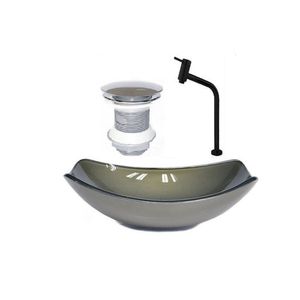 Cuba De Vidro Oval Chanfrada 51cm Ouro Envelhecido + Valvula + Torneira Ouro Envelhecido