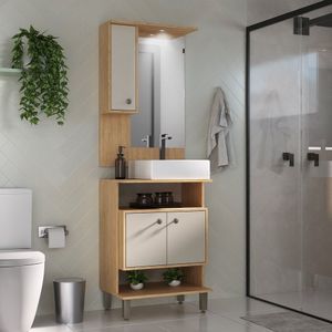 Conjunto De Banheiro Gabinete 2 Porta Com Cuba De Sobrepor Espelheira 1 Porta Com Led Eleganza Carvalho Arenas