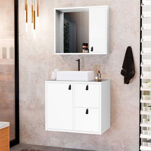Conjunto Gabinete Para Banheiro Com Cuba Sobrepor E Espelheira Toro 60 Cm Com Vidro Branco