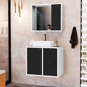 Conjunto Gabinete Para Banheiro Com Cuba Sobrepor E Espelheira Toro 60 Cm Com Vidro Branco Preto Fosco