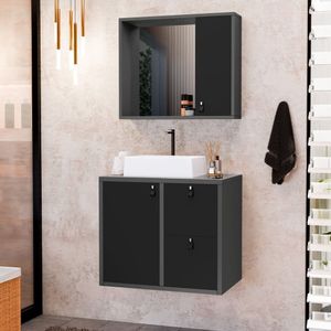 Conjunto Gabinete Para Banheiro Com Cuba Sobrepor E Espelheira Toro 60 Cm Com Vidro Grafite Preto
