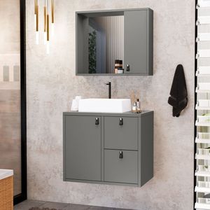 Conjunto Gabinete Para Banheiro Com Cuba Sobrepor E Espelheira Toro 60 Cm Com Vidro Grafite