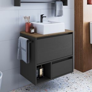 Gabinete De Banheiro Suspenso 60cm Com 1 Nicho 1 Toalheiro 1 Porta E 1 Gaveta Com Cuba Mel Grafite