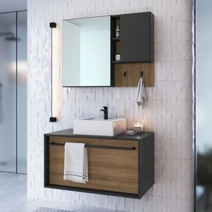 Conjunto Para Banheiro Gabinete Suspenso 80cm Com Puxador Toalheiro Cuba E Espelheira Cj8040.10 Mel Grafite