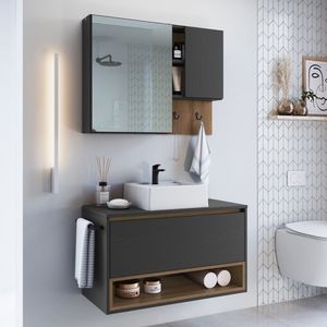 Conjunto Para Banheiro Gabinete Suspenso 80cm Com Toalheiro Cuba E Espelheira Cj8060.10 Mel Grafite