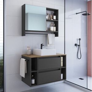 Conjunto Para Banheiro Gabinete Suspenso 80cm Com Cuba Espelheira Com Toalheiro Cj8010.20 Mel Grafite