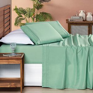 Jogo de Lençol Aria Casal 4 Peças Micropercal 200 Fios Suave Detalhe Bordado - Salvia Verde