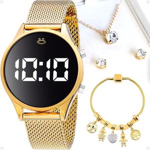 Relogio Feminino Digital Banhado Dourado + Pulseira + Brinco + Colar Qualidade Premium Presente Moda