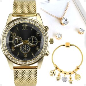 Relogio Feminino Dourado Strass + Brincos + Colar + Pulseira Prova Dagua Redondo Presente Social