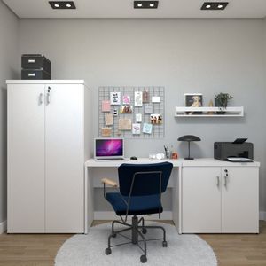 Conjunto Completo Para Escritório: Kit Com Mesa, Gaveteiro, Prateleira, Armário Alto E Armário Baixo