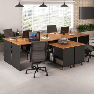 Conjunto 4 Escrivaninhas Retrô Em L Para Escritório E Home Office Com 2 Gavetas E 5 Nichos Gold Freijó-preto