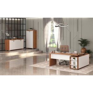 Kit 3 Peças Com Mesa Para Escritório Diretor, Balcão 4 Portas E Armário Multiuso 2 Portas Freijó-branco