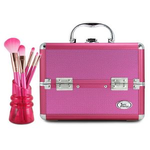 Conjunto Maleta Profissional De Maquiagem E Kit Com 5 Pincéis Com Suporte Pink