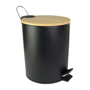 Cesto Lixo Banheiro Aço Inox Preto Tampa Bambu Com Cesto Interno Removível Plástico Alça Capacidade 5 Litros Premium