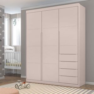 Conjunto Quarto Infantil Com Guarda Roupa 3 Portas 4 Gavetas e Cômoda Pérola Rosa