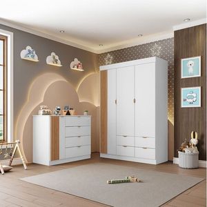 Quarto Infantil Completo Guarda Roupa 3 Portas 4 Gavetas Com Cômoda 100% Mdf Ayla Branco