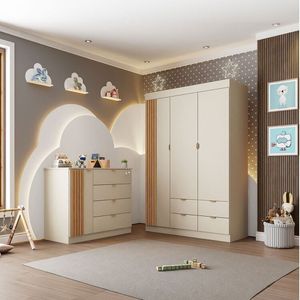 Quarto Infantil Completo Guarda Roupa 3 Portas 4 Gavetas Com Cômoda 100% Mdf Ayla Off White