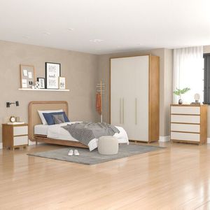 Quarto Guarda Roupa 3 Portas Cômoda 4 Gavetas 1 Mesa De Cabeceira 2 Gavetas Freijó Off White