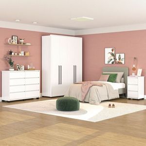 Quarto Guarda Roupa 4 Portas Cômoda 8 Gavetas 1 Mesa De Cabeceira 3 Gavetas Branco