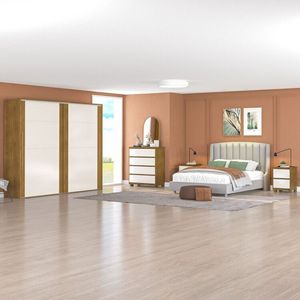 Quarto Guarda Roupa 2 Portas Cômoda 4 Gavetas 2 Mesas De Cabeceira 2 Gavetas Freijó Off White