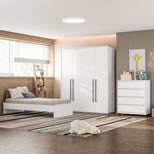 Guarda Roupa Sevilha 4 Portas Cômoda 4 Gavetas Cama Infanto Juvenil Solteiro Branco