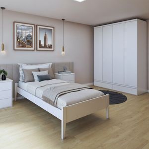 Quarto Completo Com Cama Solteiro 90cm Turca e Guarda Roupa 4 Portas 5 Gavetas Urbano Branco