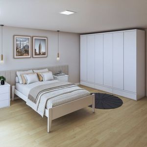 Quarto Completo Com Cama Casal 140cm Turca e Guarda Roupa 6 Portas 9 Gavetas Urbano Branco