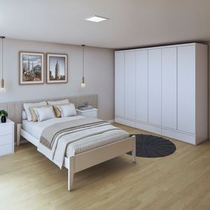 Quarto Completo Com Cama Casal 160cm Turca e Guarda Roupa 6 Portas 9 Gavetas Urbano Branco