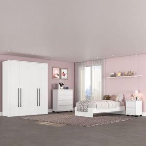 Guarda Roupa Sevilha 4 Portas Cômoda 4 Gavetas Mesa De Cabeceira 2 Gavetas Cama Infanto Juvenil Branco