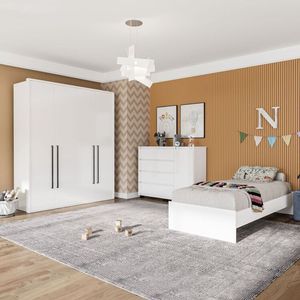 Guarda Roupa Sevilha 4 Portas Cômoda 4 Gavetas 1 Porta Cama Infanto Juvenil Solteiro Branco